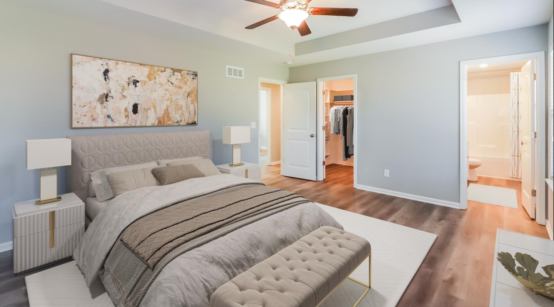 bedroom with bed lamps and ceiling fan